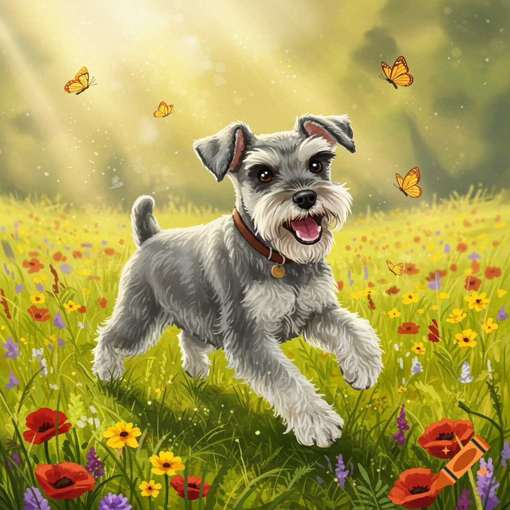 A happy cartoon schnauzer dog bounding through a vibrant field of wildflowers under a sunny sky with butterflies.
