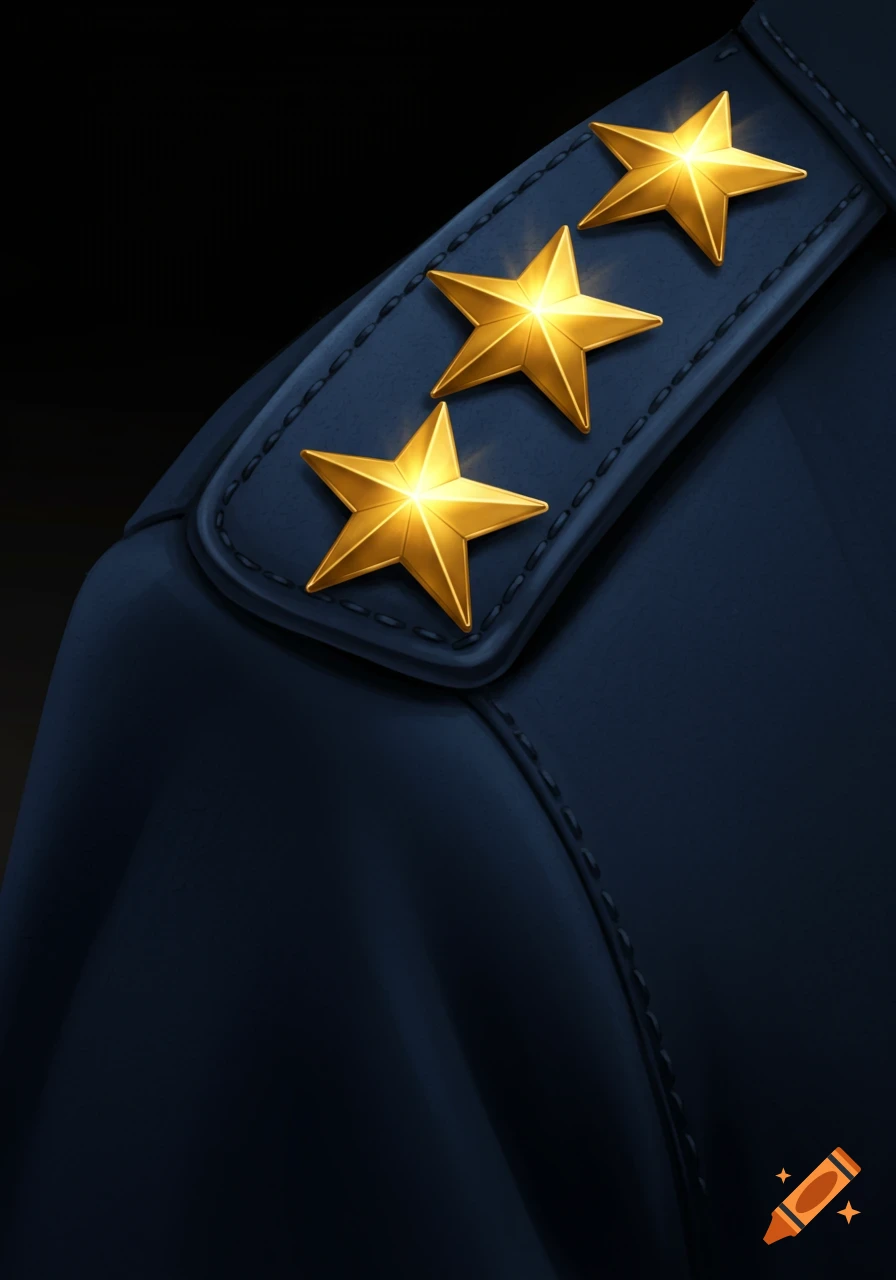 Close-up of three shiny golden stars on a dark blue military uniform's epaulet.