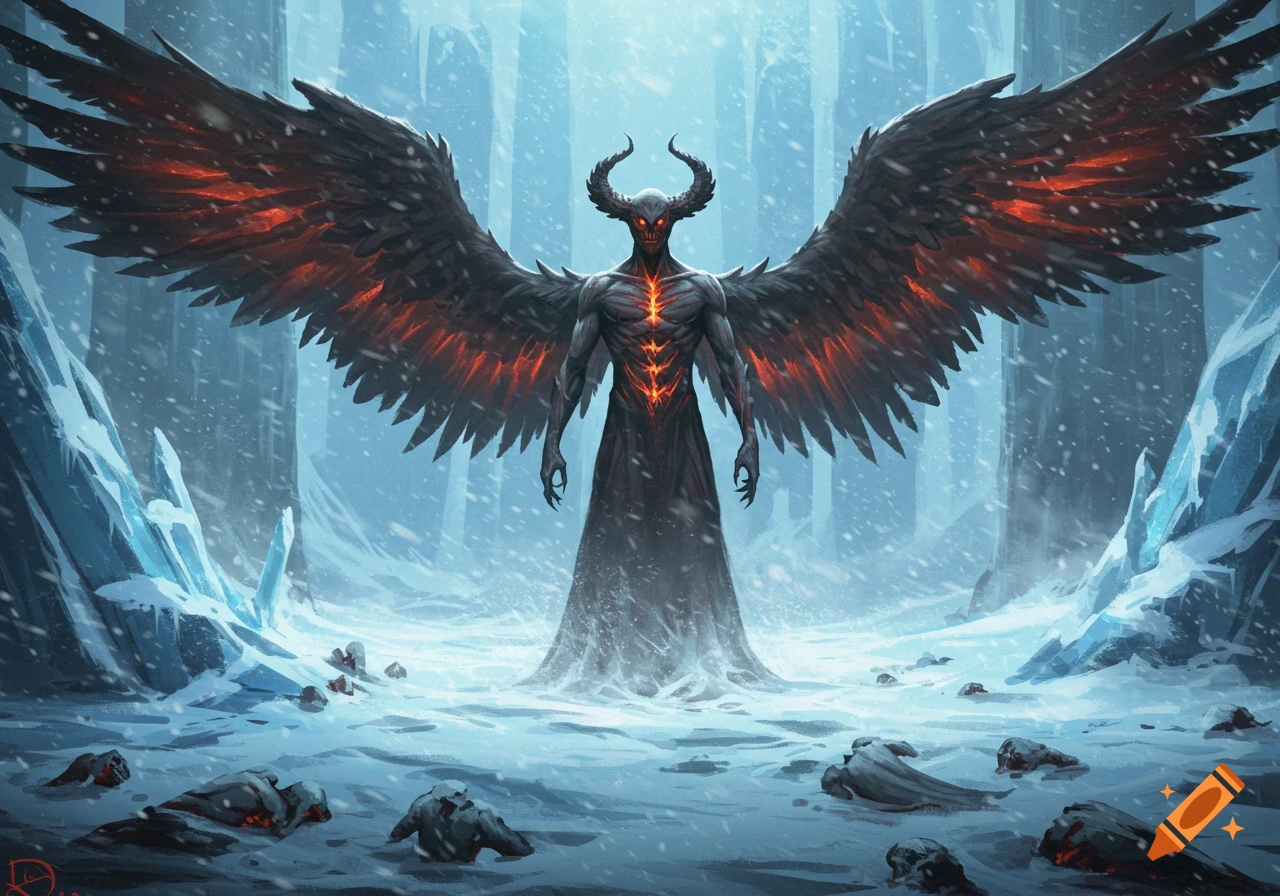 A horned demon with large dark wings with glowing red undersides stands in a snowy, icy hellscape with frozen bodies.