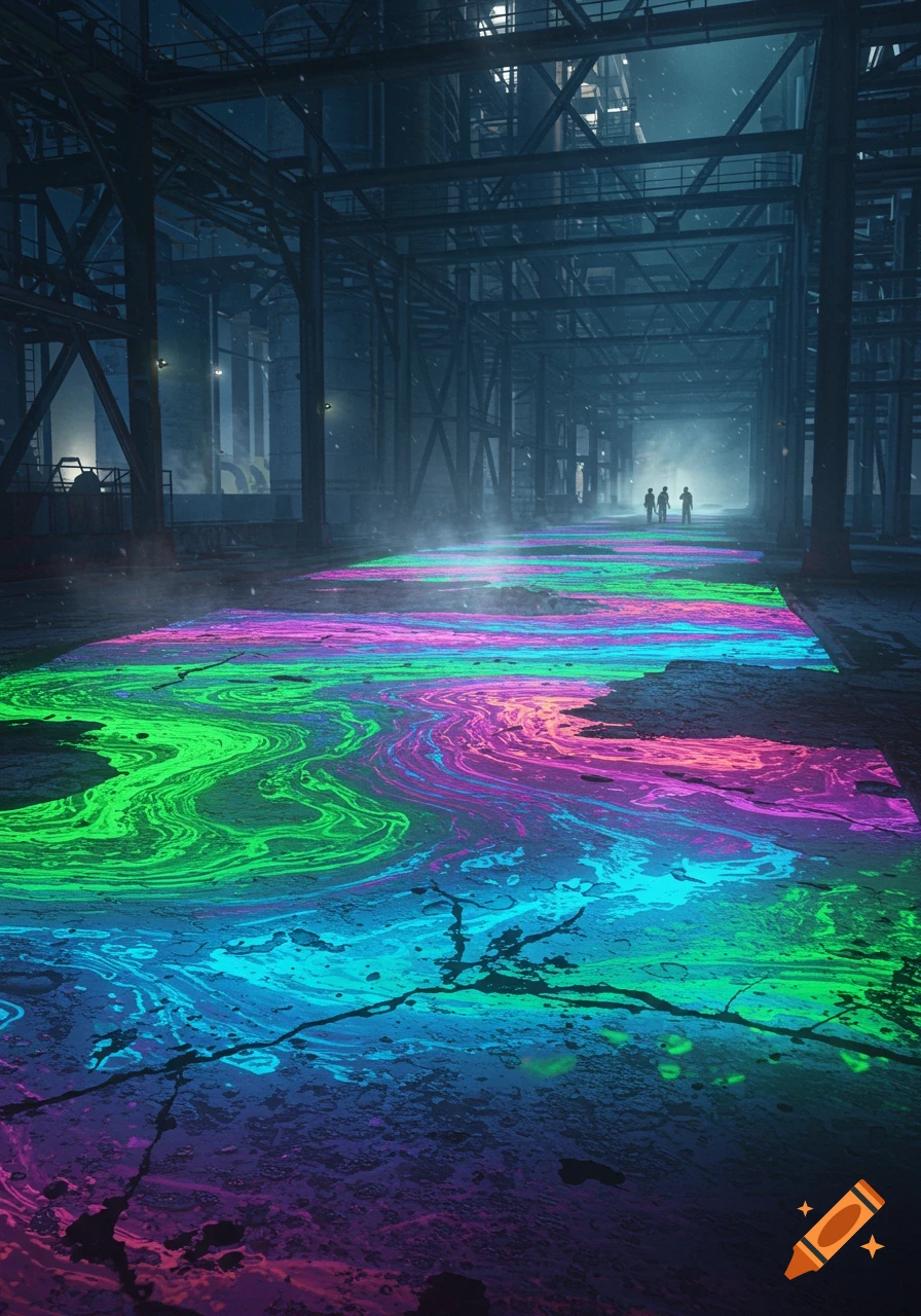 Three figures walk through a dark industrial building with a vibrant, swirling chemical spill in neon colors on the floor.