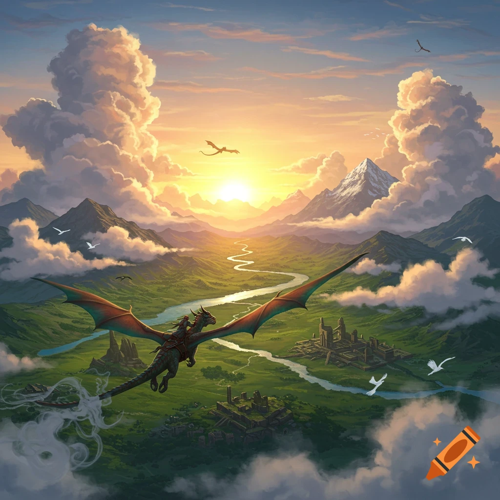 A rider on a dragon flies high over a vibrant green valley with a winding river, ancient ruins, and majestic mountains under a golden sunset sky.