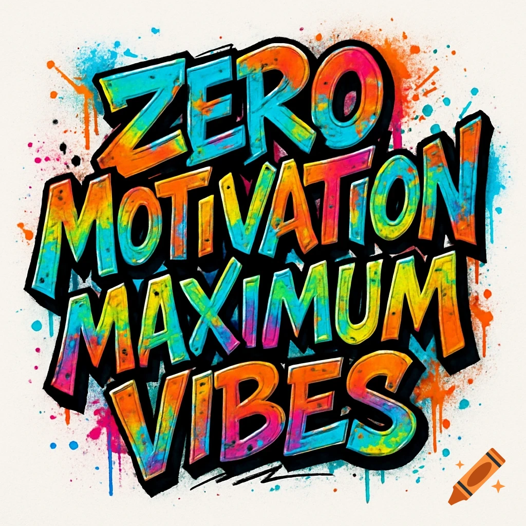 Vibrant graffiti text reads 'Zero Motivation Maximum Vibes' with colorful paint splatters on white.