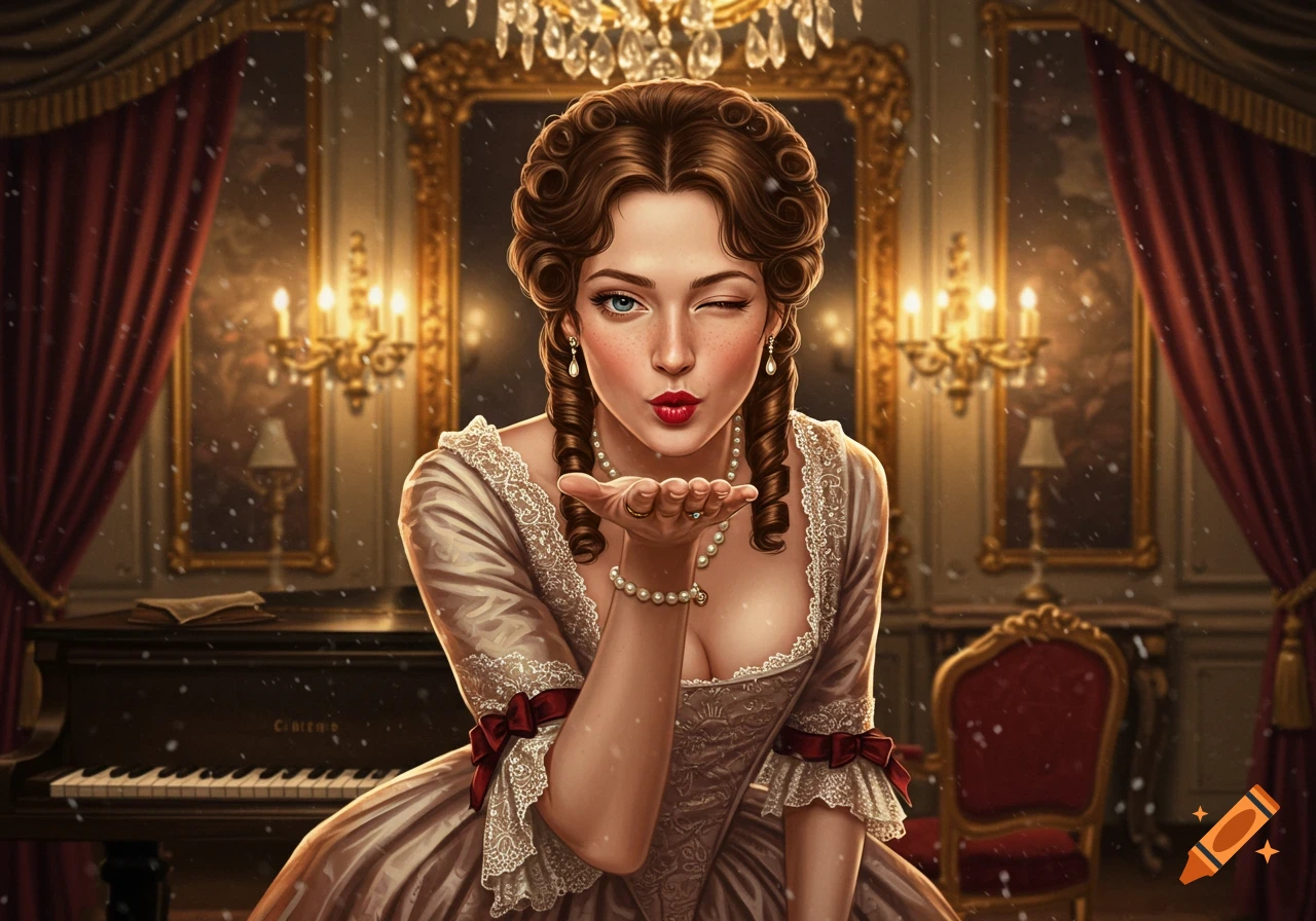 A winking woman in an ornate historical gown blows a kiss in a grand room with a piano, digital art style.