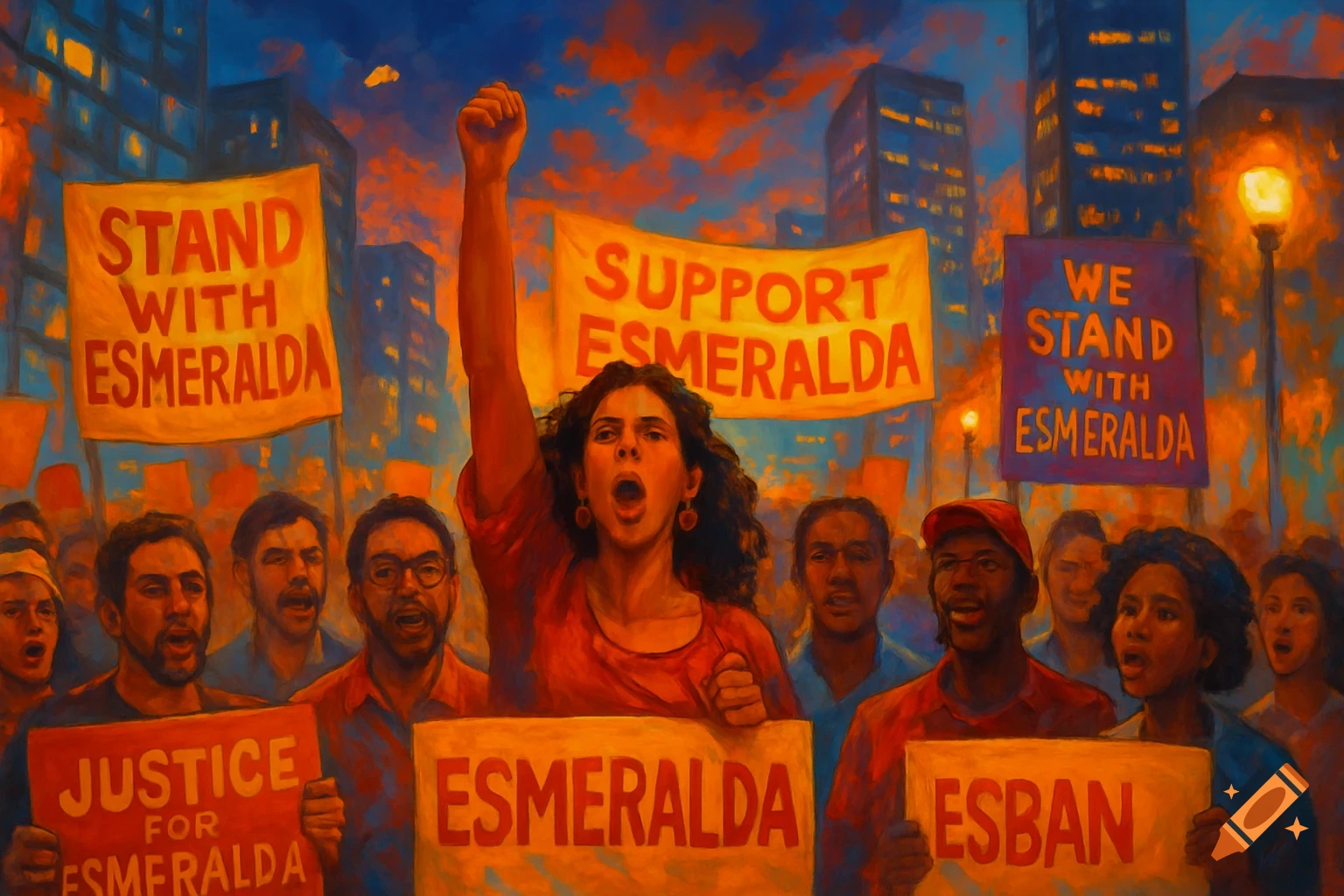 Painterly illustration of a crowd protesting with signs for Esmeralda, a woman raising her fist in the foreground.