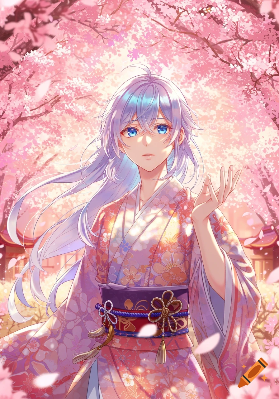 An anime character with light blue hair in a floral kimono stands under a canopy of pink cherry blossoms.