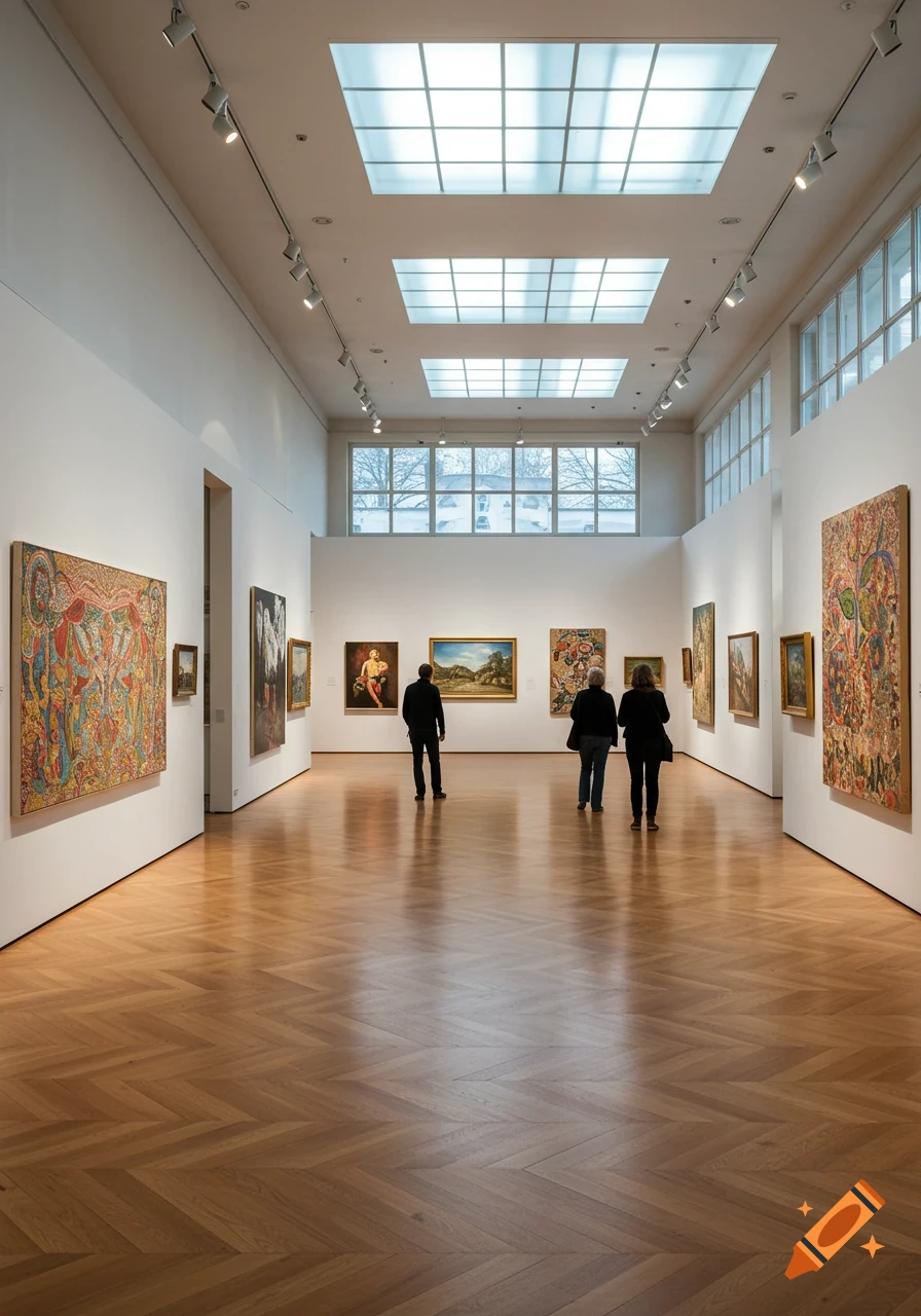 Visitors walk through a spacious art gallery with wooden floors, white walls, and various paintings under natural light from skylights.