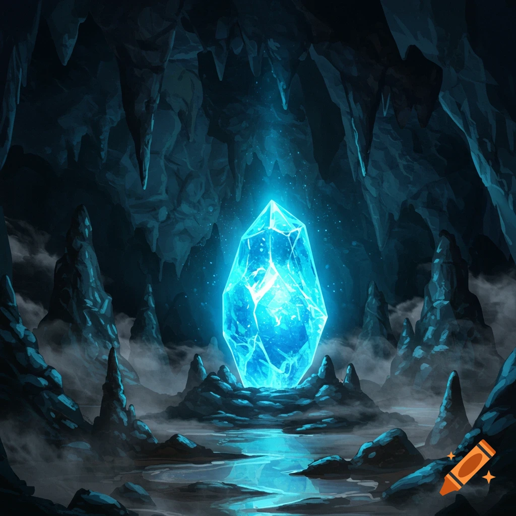 A vibrant blue crystal glows brightly in the center of a dark, mysterious cave, surrounded by jagged rock formations and mist.