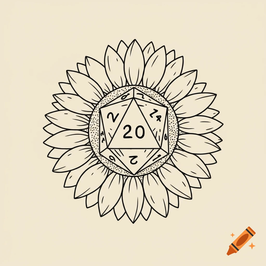 Line art of a sunflower with a D20 die showing '20' in its center, in a tattoo outline style.