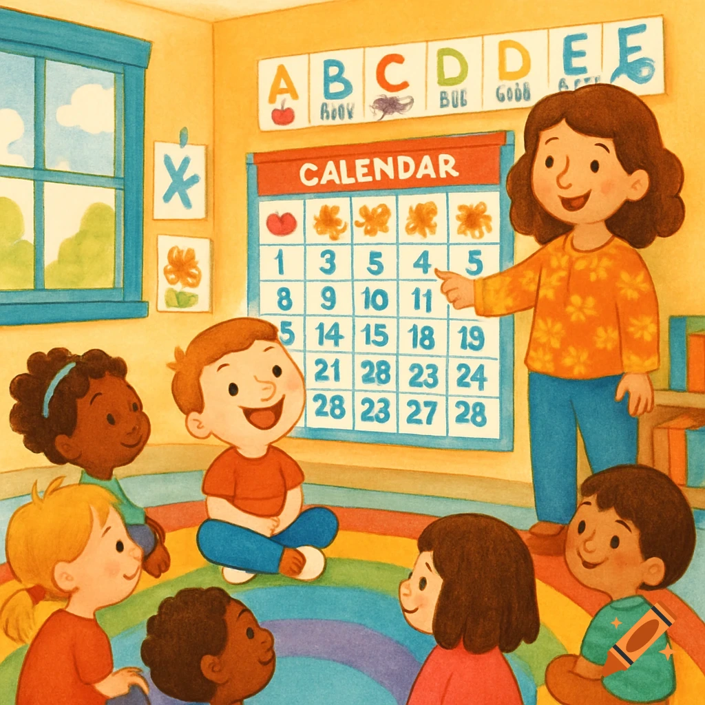 A cheerful teacher points to a calendar in a colorful kindergarten classroom, surrounded by smiling children on a rainbow rug.