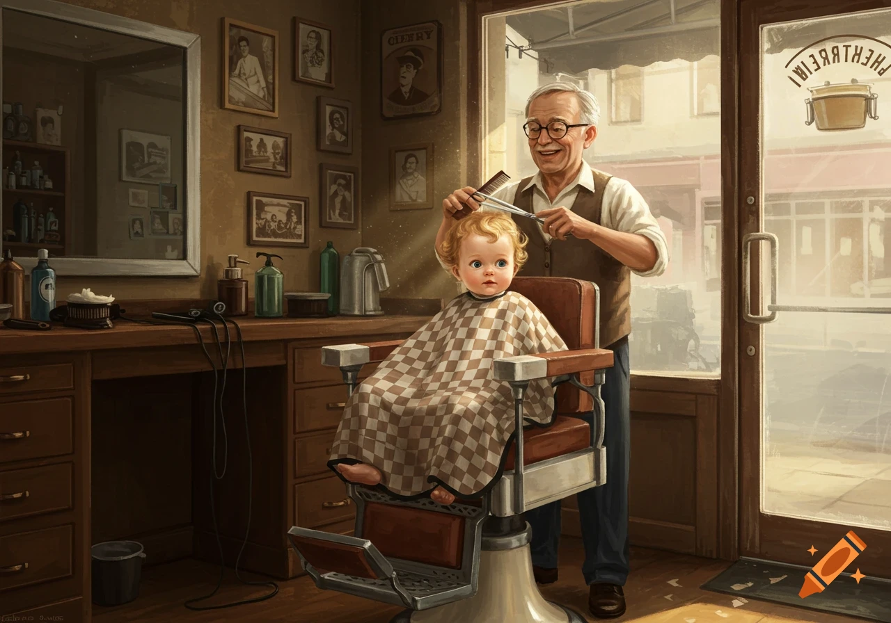 An old barber smiles while giving a baby with curly blonde hair a haircut in a vintage barbershop, featuring wooden counters and mirrors.