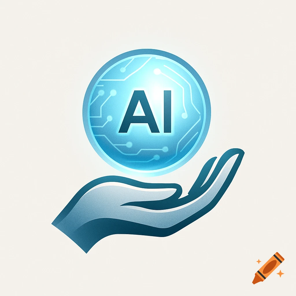A stylized logo featuring a blue glowing orb with "AI" text, held in an open hand, against a light background.