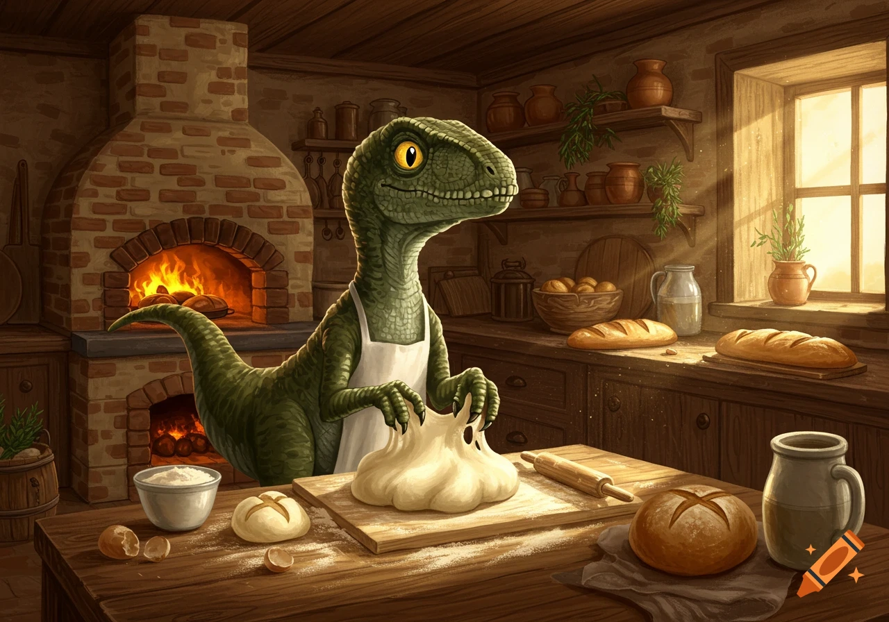A friendly green raptor in a white apron kneads bread dough on a wooden table in a rustic kitchen with a lit brick oven.