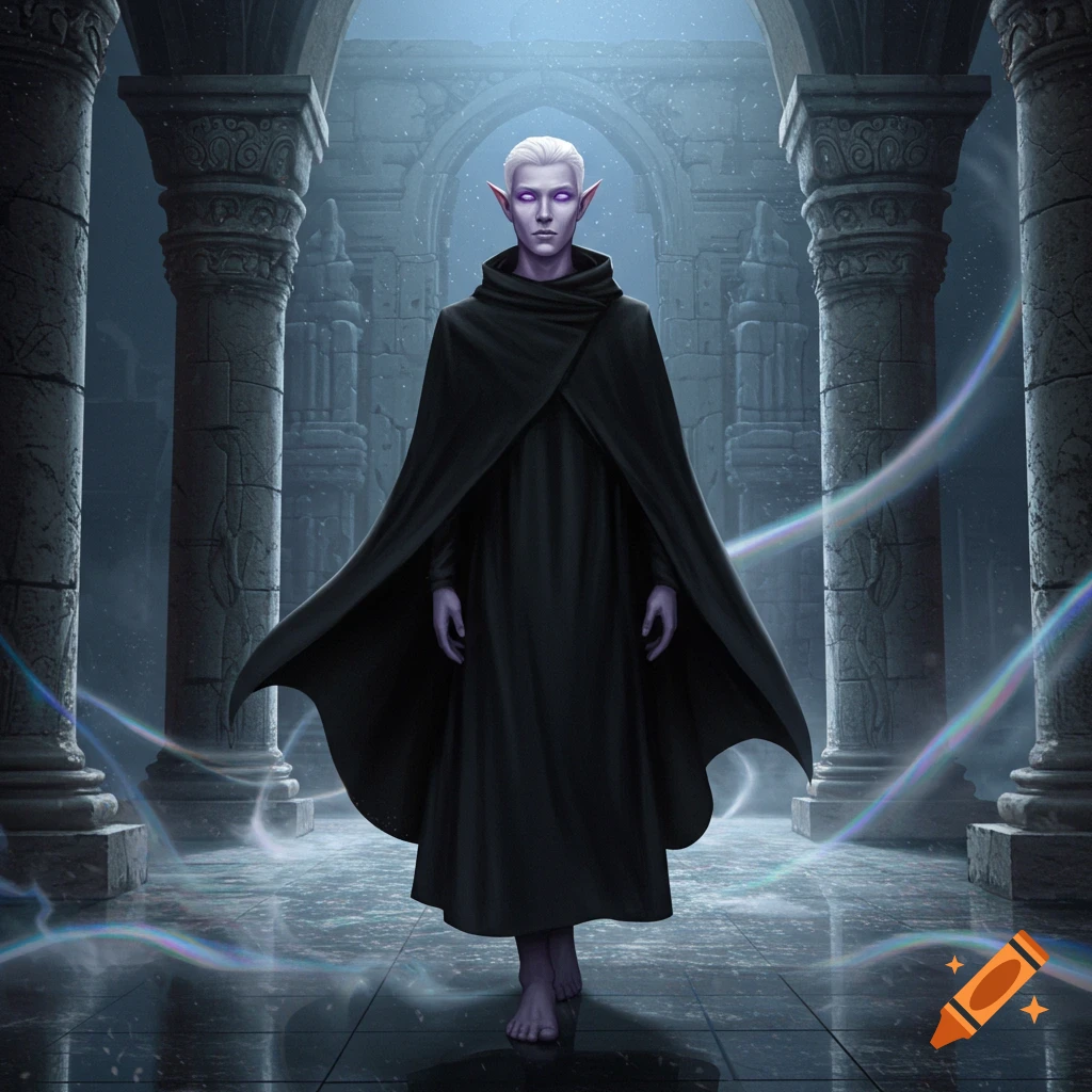 An albino male elf monk with white hair and glowing purple eyes stands in a dark, misty ancient stone ruin, wearing a black cloak.