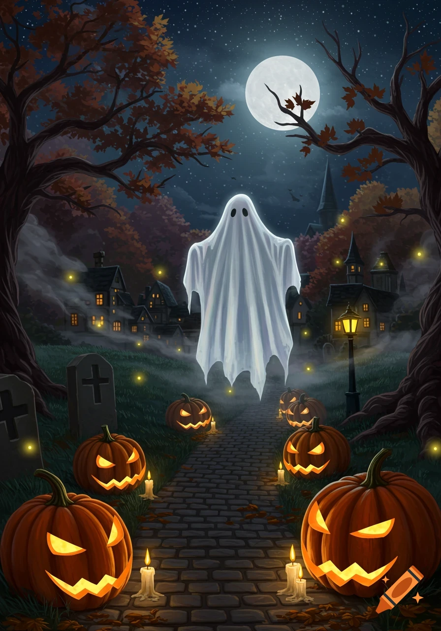 A spooky Halloween illustration of a ghost floating above a cobblestone path lined with glowing jack-o'-lanterns, leading to a village under a full moon.