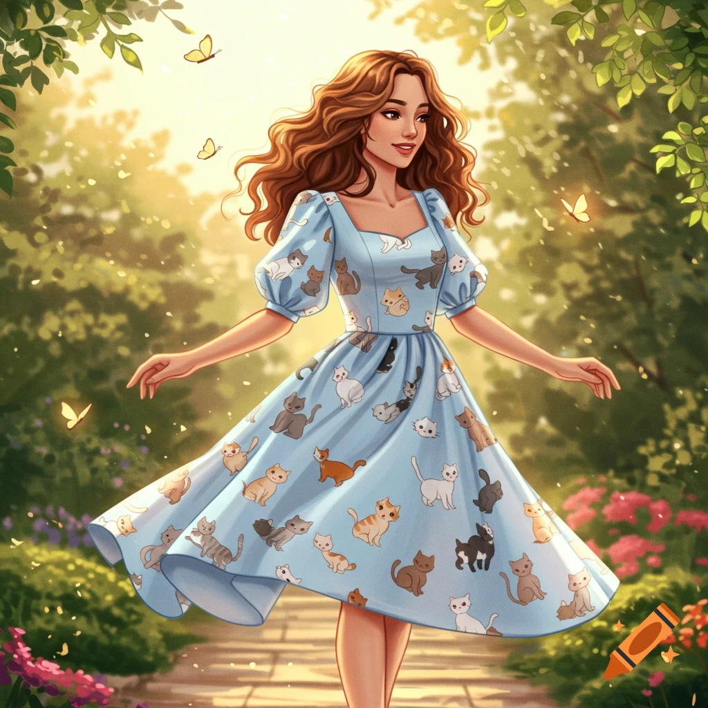 A woman in a light blue dress with cartoon cats walks through a sunny garden with butterflies.