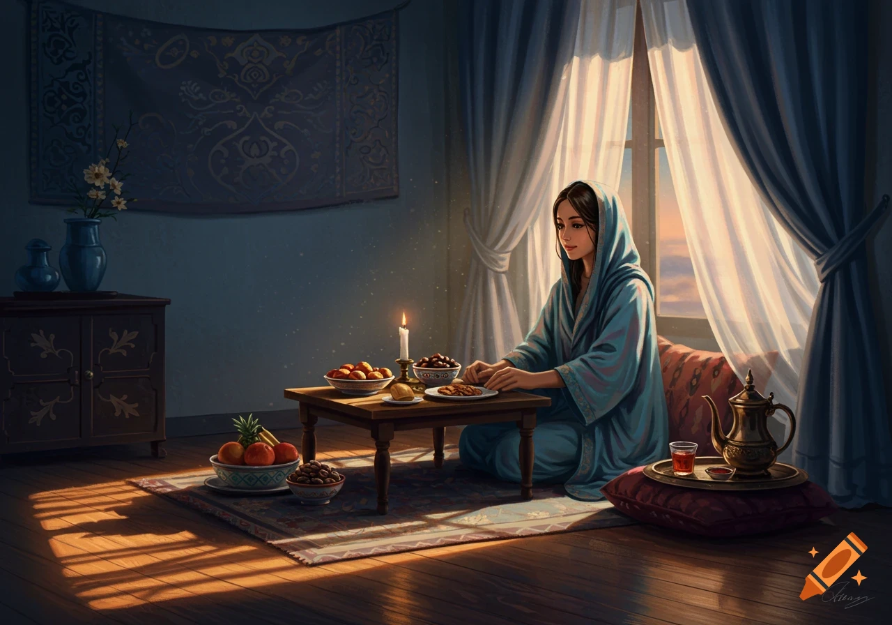 Illustrative painting of a woman in a blue robe, sitting at a low table filled with food by a sunlit window.