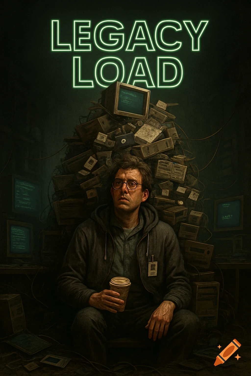Cinematic movie poster of a stressed man in glasses and a hoodie, sitting among a huge pile of old computers. Neon green text "LEGACY LOAD" glows at the top.