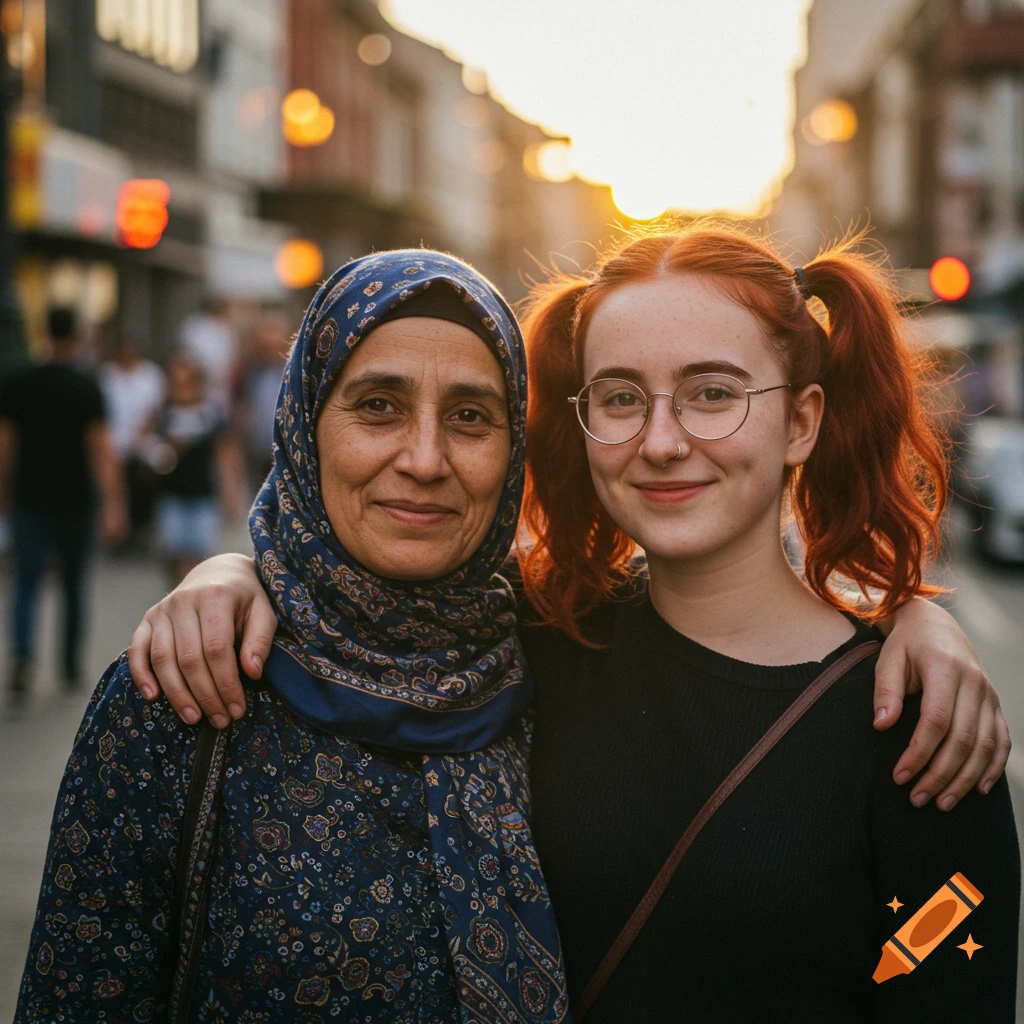 Two women, one in a blue patterned hijab, the other with auburn pigtails and glasses, smile while embracing on a city street at sunset.