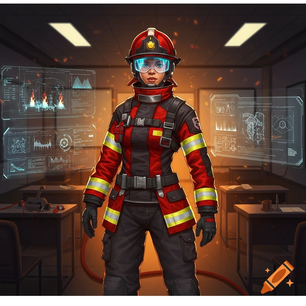 A strong firewoman in a red and black uniform with glowing blue goggles stands in a control room surrounded by holographic data screens, in a digital art style.