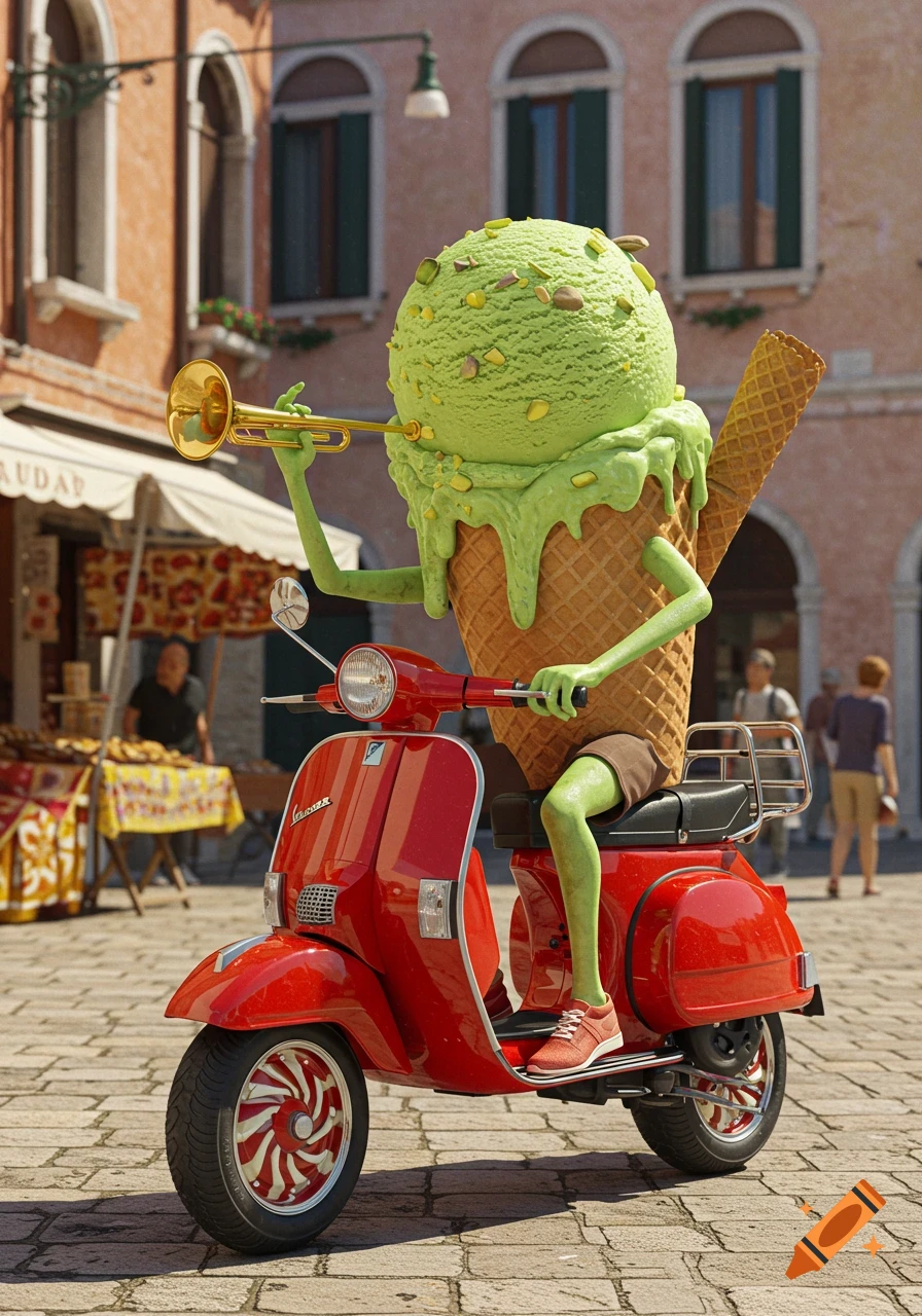 A whimsical pistachio ice cream character with green limbs rides a red Vespa scooter, playing a golden trumpet on a sunny Venice street.
