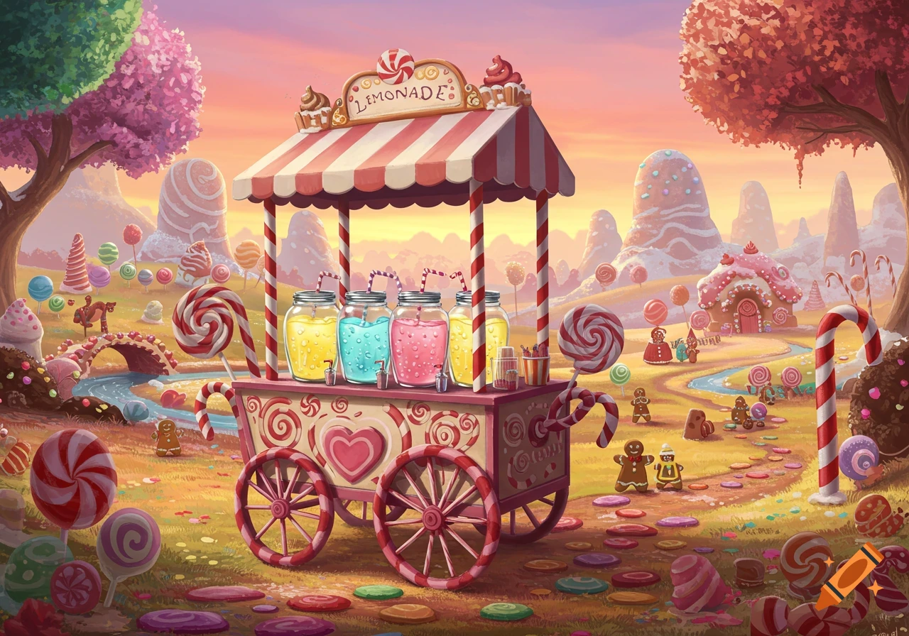 A colorful, whimsical candy land scene with a lemonade cart, gingerbread men, giant lollipops, and candy houses.