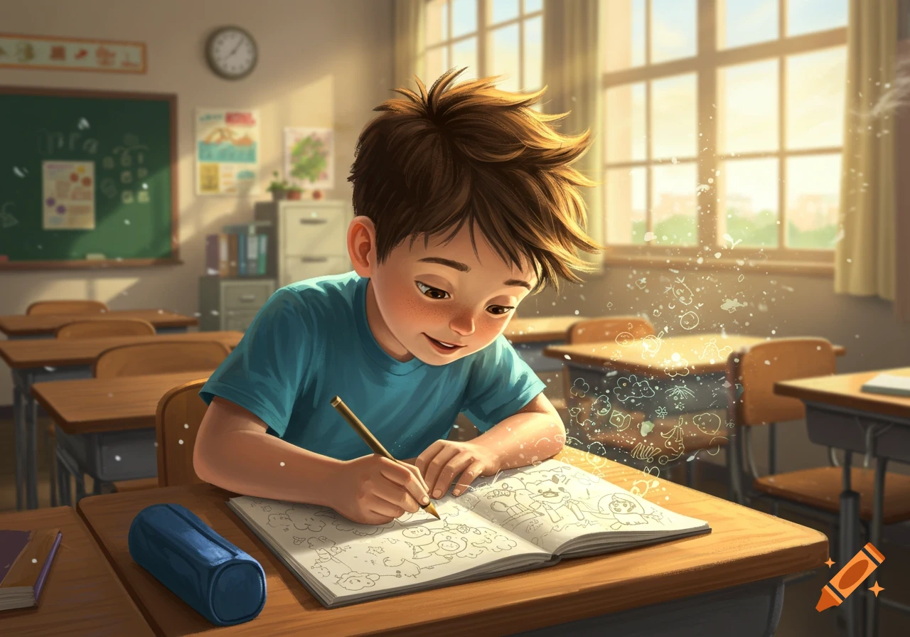 A young boy with spiky brown hair, wearing a blue t-shirt, happily drawing in a notebook with a pencil at a wooden desk in a sunny classroom.
