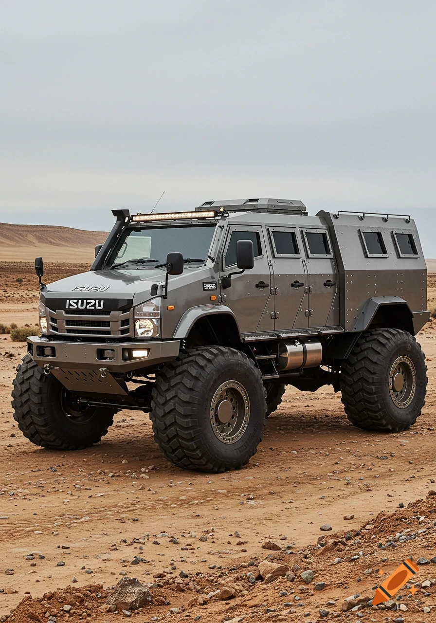 Large grey armored Isuzu truck with massive off-road tires on a dusty desert road under an overcast sky, photorealistic.