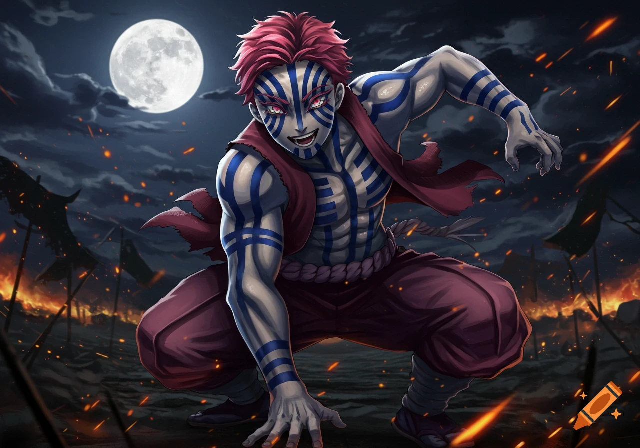 Anime character Akaza with red hair and blue markings crouches in a dark, fiery landscape under a full moon.