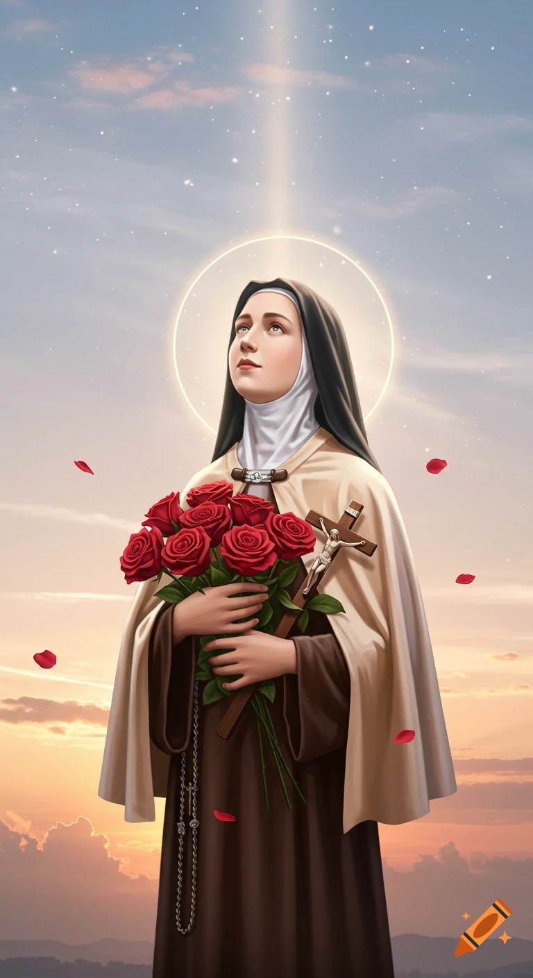 Digital illustration of Saint Thérèse, a nun holding red roses and a crucifix, gazing up at a starry sunset sky.