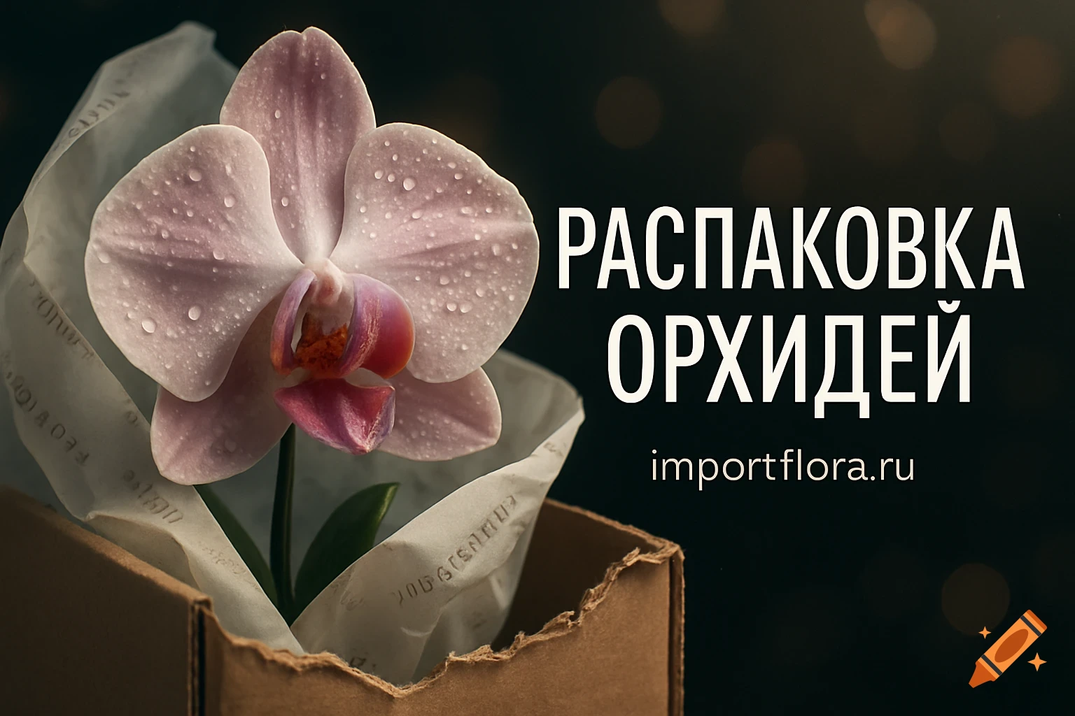 Close-up of a light pink orchid with water droplets, nestled in crumpled tissue paper inside a brown cardboard box, against a dark background with bokeh. White text reads "РАСПАКОВКА ОРХИДЕЙ" and "importflora.ru".
