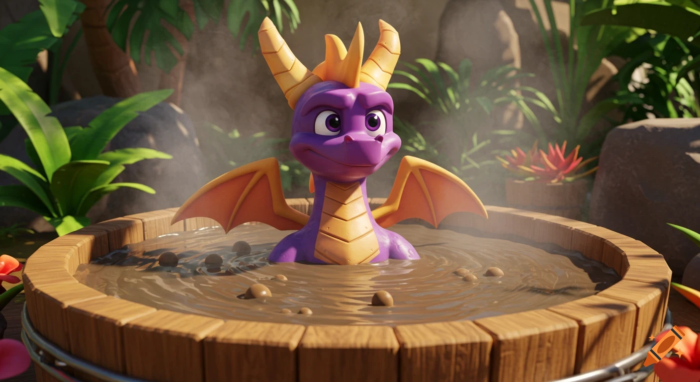 Spyro, a purple dragon with orange wings and horns, happily relaxing chest-deep in a muddy wooden hot tub surrounded by tropical plants in a 3D animation style.