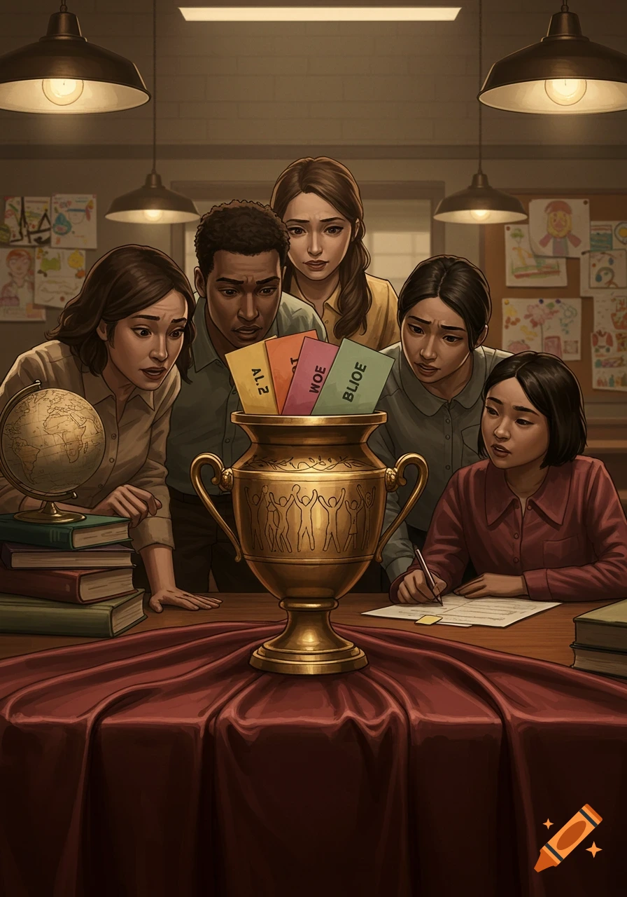 Diverse group of people gaze at a golden trophy containing ballot-like cards in a classroom setting, one person writes. Detailed illustration.