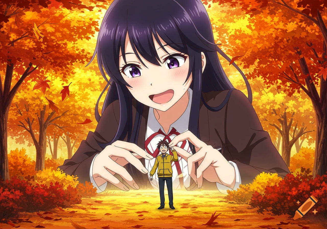 A giant anime woman with dark hair playfully holds a tiny anime man in an autumn park. He looks surprised.