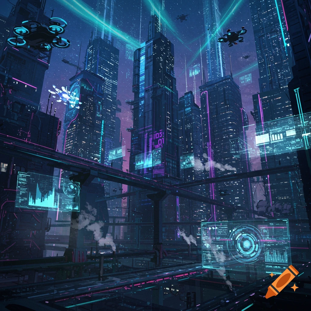 A dark, futuristic cyberpunk city with tall skyscrapers glowing with neon blue and purple lights, flying drones, and holographic displays.