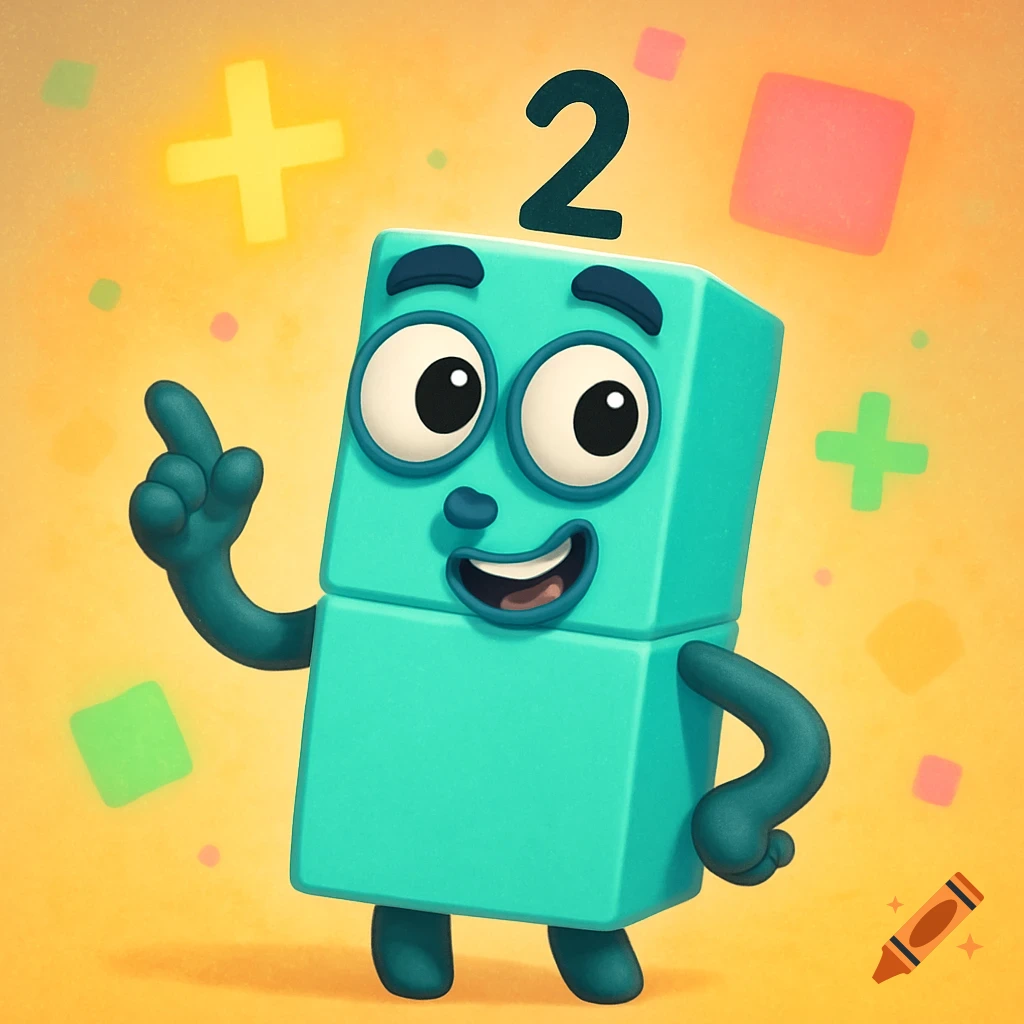 A friendly teal cartoon number block character with a prominent '2' on its head, pointing a finger, on a yellow background.