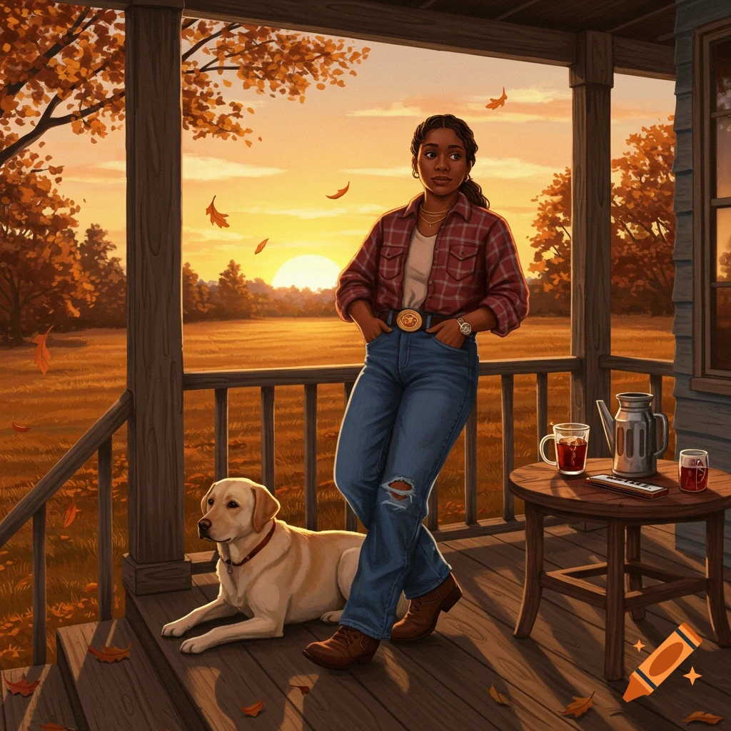 A woman in a plaid shirt stands on a rustic porch with a yellow lab during an autumn sunset.