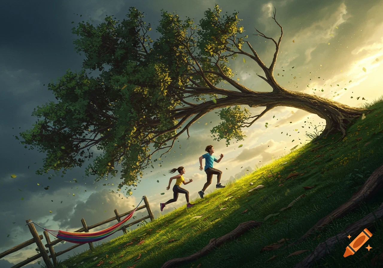 Two people run up a steep grassy hill next to a large tree and a fence with a hammock, under a dramatic sky.