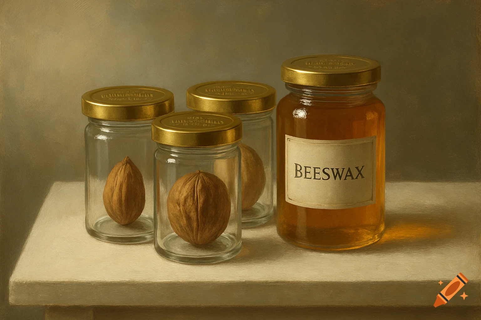 A still life painting featuring four clear jars with nuts and one jar of amber honey labeled 'BEESWAX', on a light table.