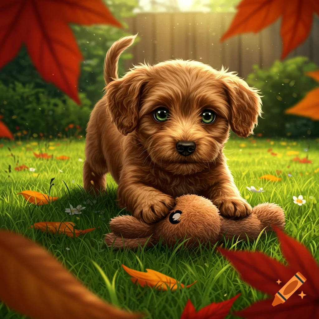 A fluffy brown puppy with big green eyes plays with a stuffed toy on a bright green lawn with autumn leaves.