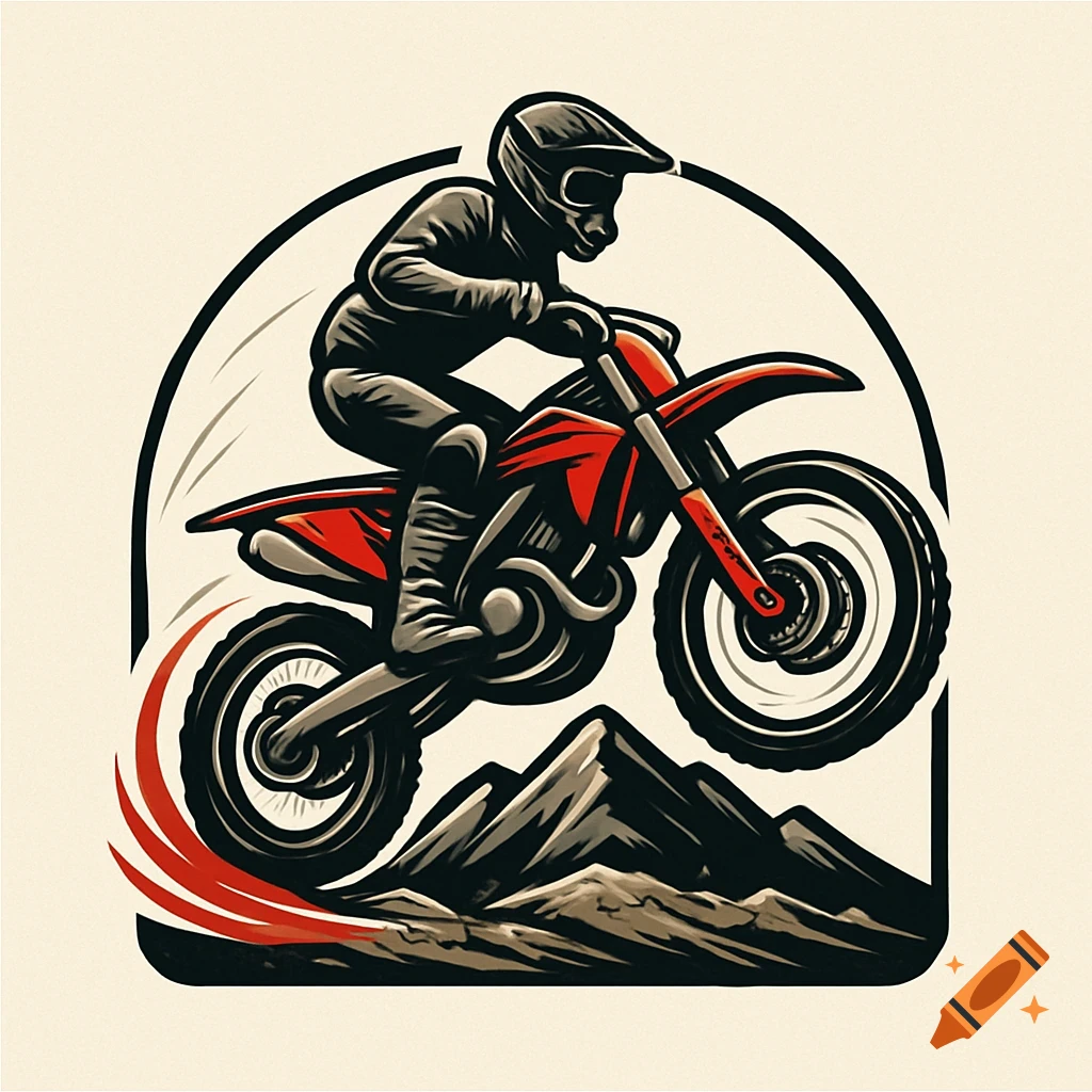 Stylized illustration of a dirt bike rider in a helmet and gear jumping over mountains, designed as a logo.