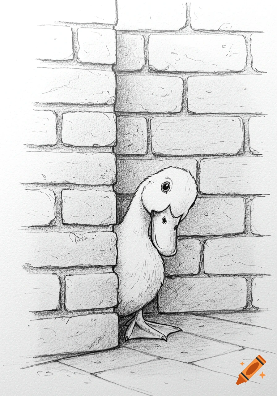 Pencil line drawing of a duck peeking cautiously from behind a brick wall.