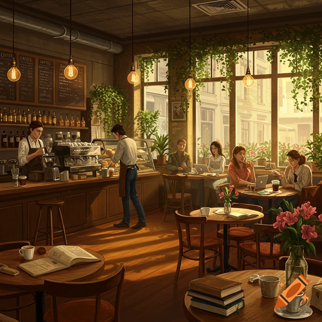 A cozy, sunlit coffee shop interior with baristas at the counter and customers working at tables.