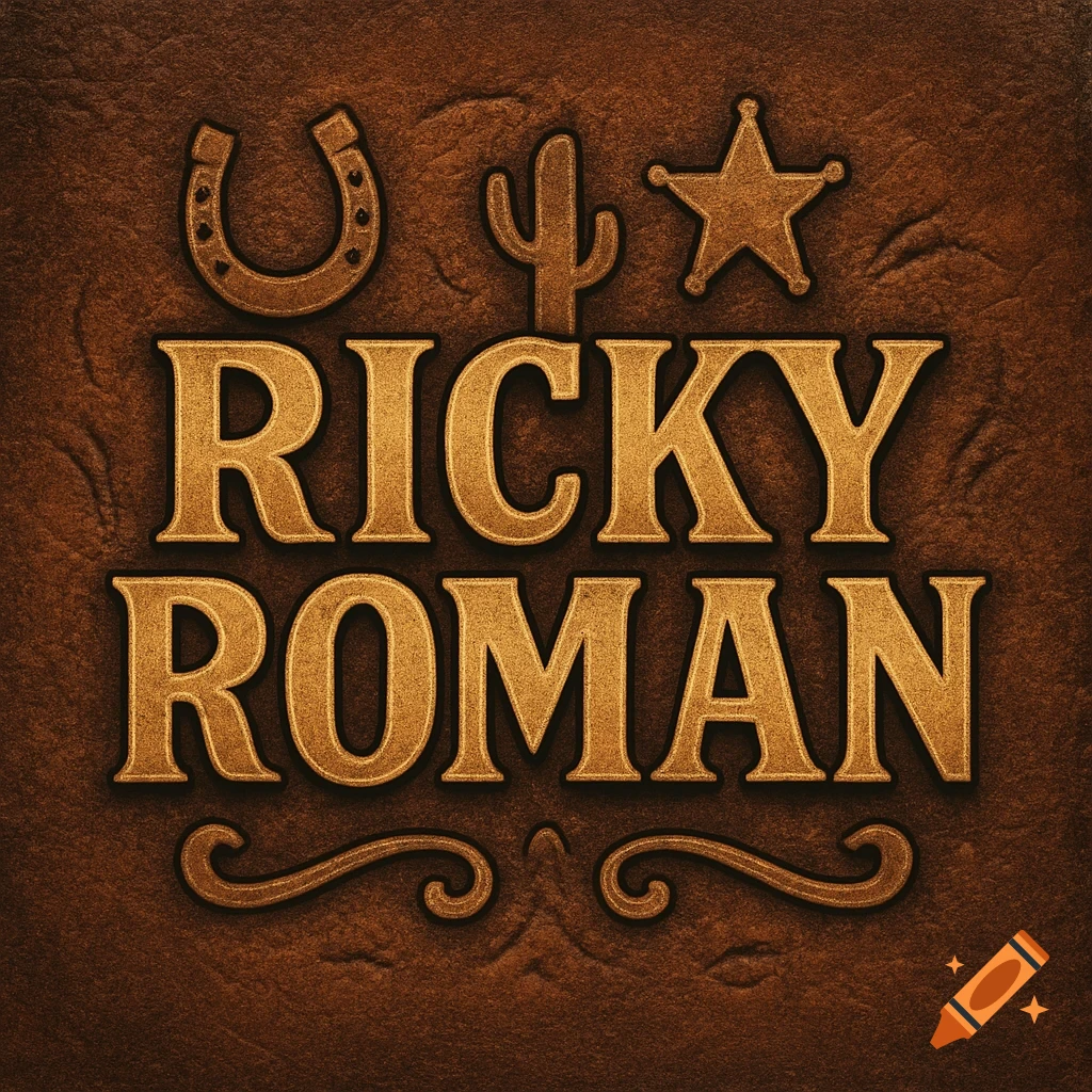 Golden, embossed 'RICKY ROMAN' western logo on a brown textured background, featuring a horseshoe, cactus, and sheriff's star.