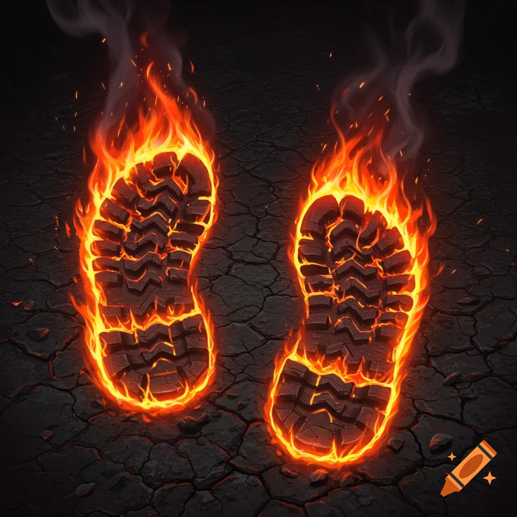 Two fiery bootprints burn bright on a dark, cracked ground.