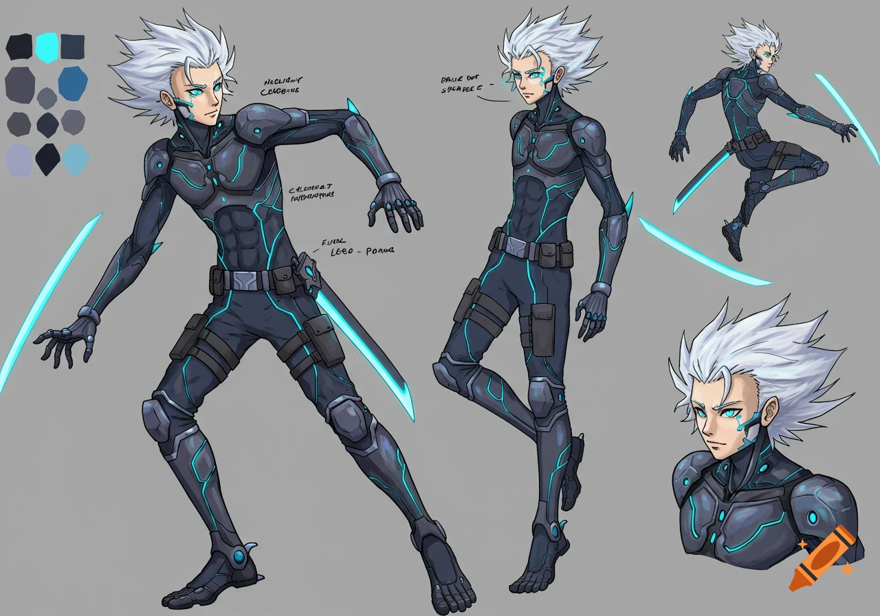 Anime character reference sheet showing a male figure in a black and blue sci-fi suit with glowing swords, multiple poses, and a color palette.