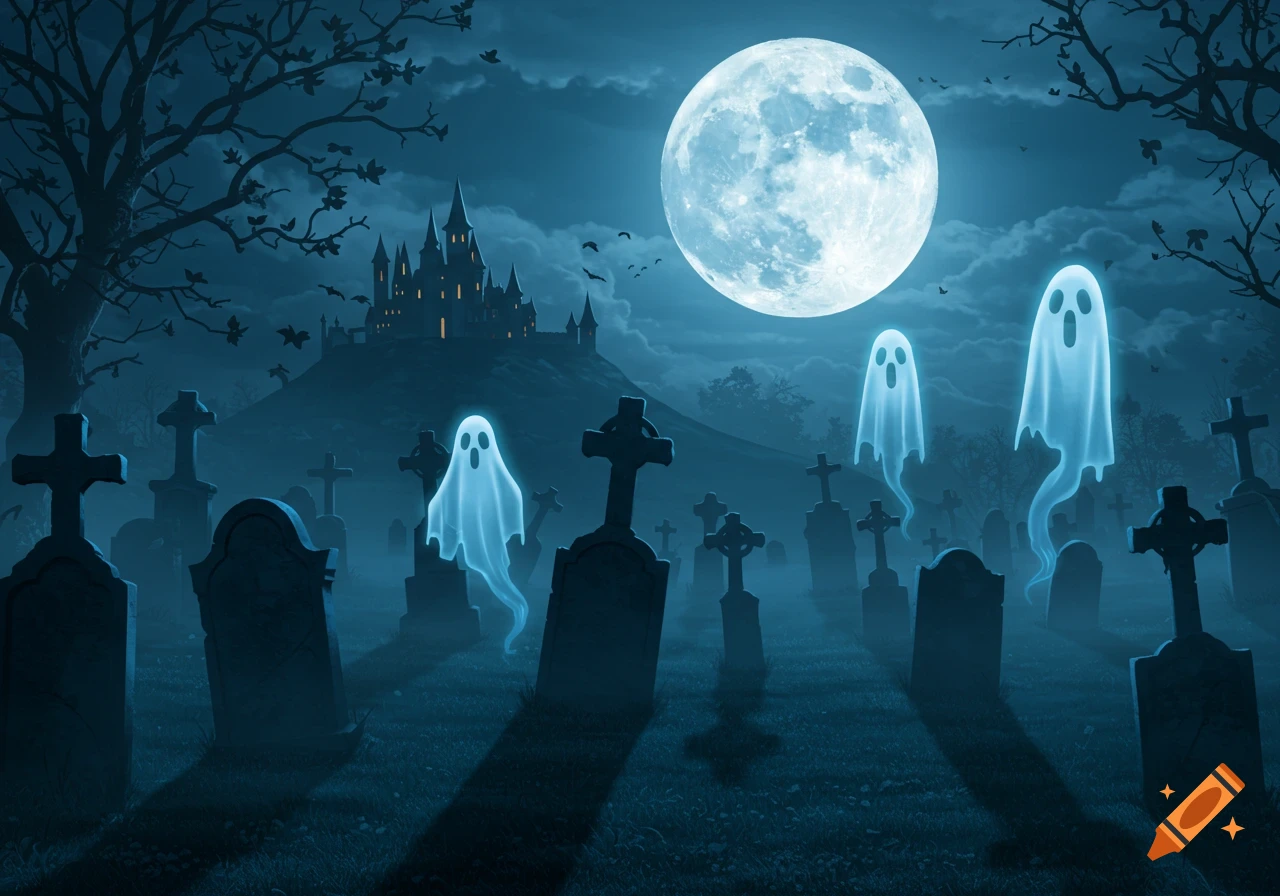 A spooky night illustration of ghosts in a graveyard with a full moon and a distant castle.