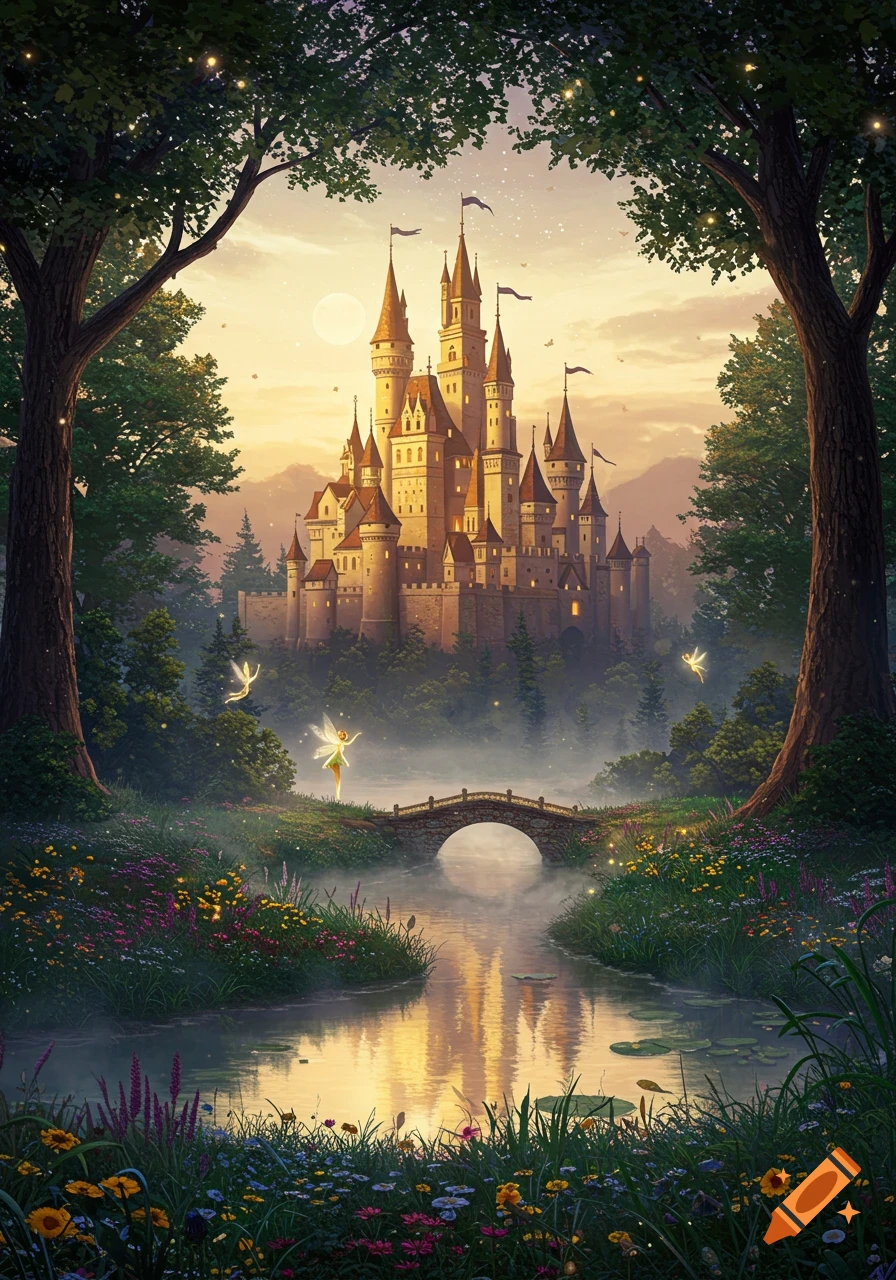 A fantastical castle framed by trees, overlooking a misty stream with a stone bridge and glowing fairies at sunset.