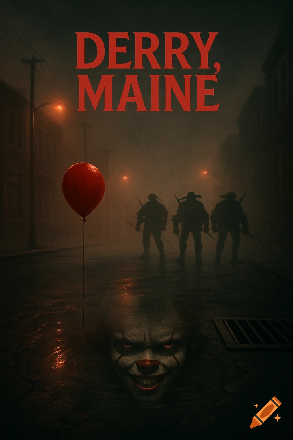 A dark, misty street in a movie poster, with a red balloon, Pennywise's face in a puddle, and shadowy ninja figures. Text reads 'DERRY, MAINE'.