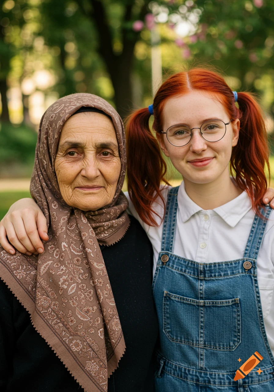 An older woman in a brown hijab and a younger woman with red pigtails and glasses pose with arms around each other outdoors.