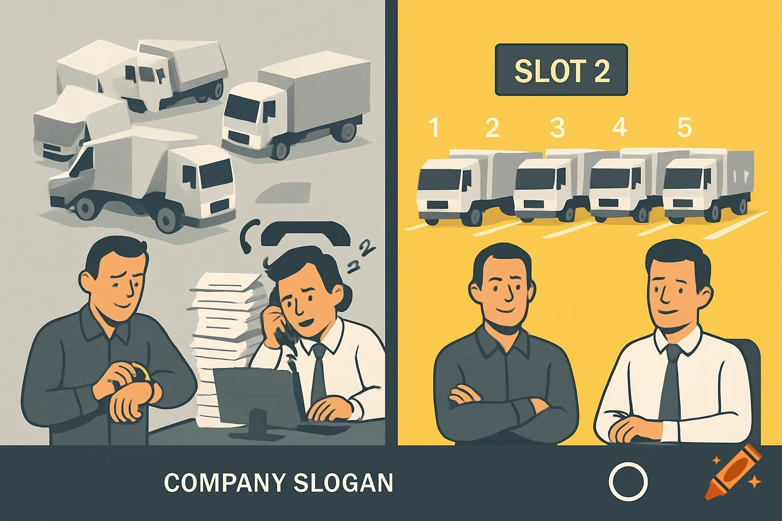 A split-screen infographic comparing chaotic and organized truck logistics with stressed vs. relaxed workers, in flat design.
